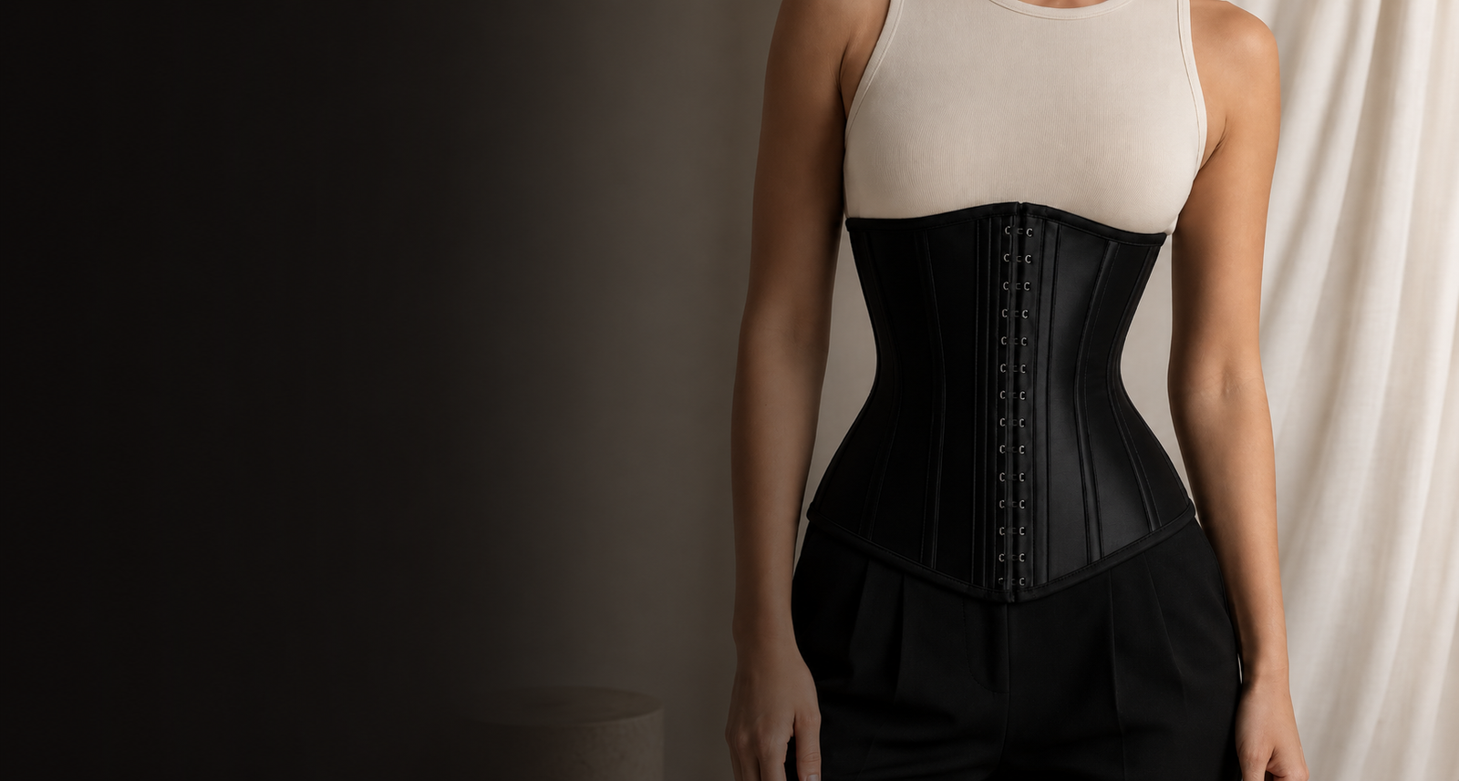 Black SNVTCHED corset styled with monochrome tailoring