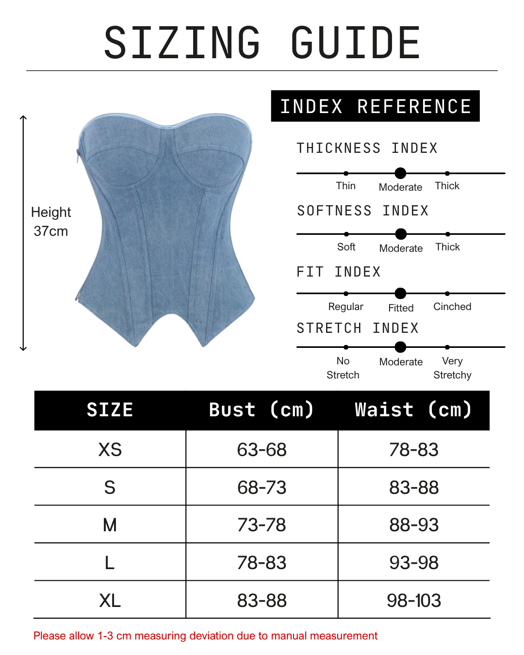Brooklyn Denim Corset sizing guide with garment height, fabric indices and XS to XL measurement table.