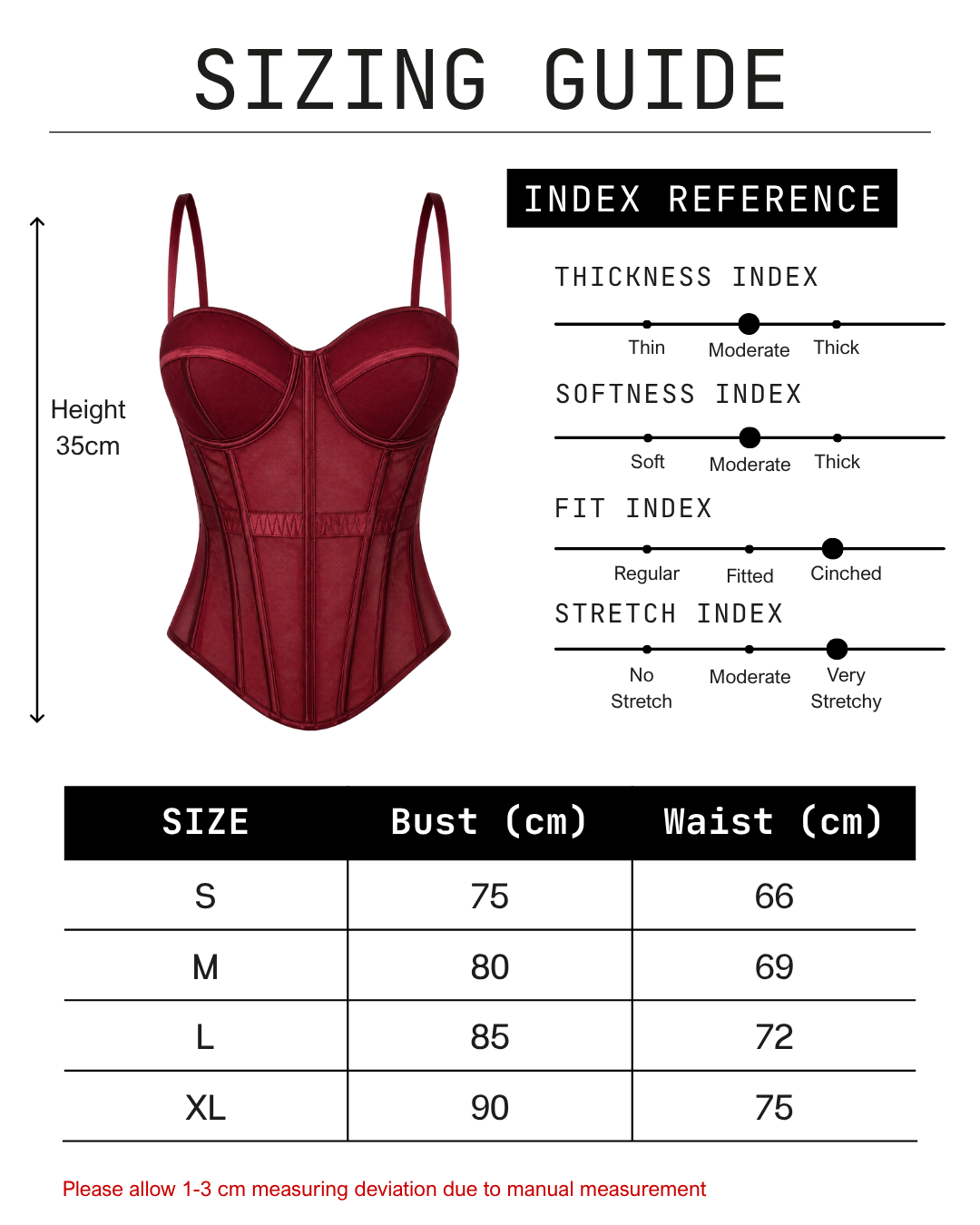 Tokyo Sheer Mesh Corset sizing guide with garment height, fabric indices and S to XL measurement table.