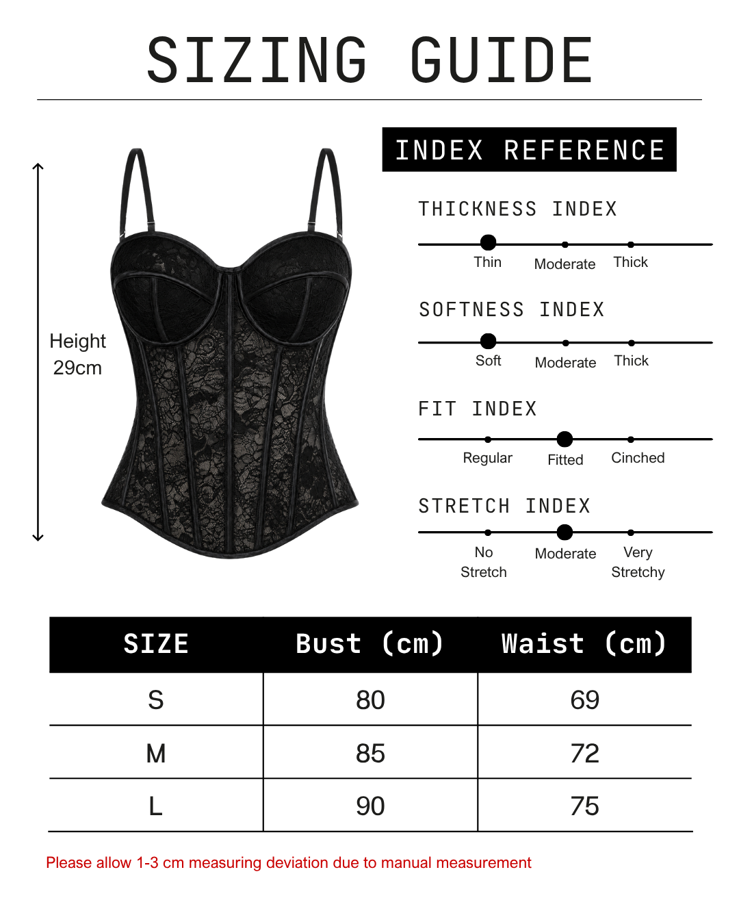 Vienna Floral Lace Corset sizing guide with garment height, fabric indices and S to L measurement table.